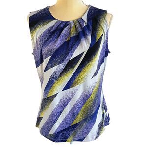 Calvin Klein Sleeveless Top Abstract Print Ruched Neck Casual‎ Blouse Multicolor